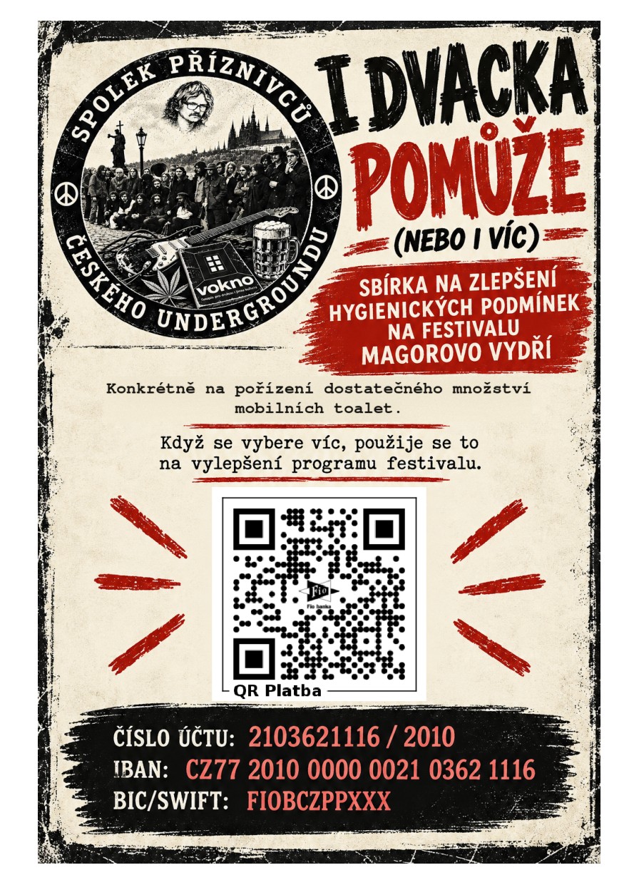 Leták SPCU ke sbírce na zlepšení hygienických podmínek festivalu Magorovo vydří, včetně QR platby a bankovních údajů
